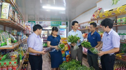 Đ/c Đinh Hồng Thái - TUV, Chủ tịch Hội Nông dân tỉnh kiểm tra cửa hàng nông sản an toàn.
