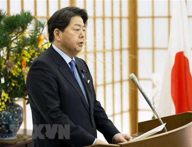 Ngoại trưởng Nhật Bản Yoshimasa Hayashi phát biểu trong cuộc họp báo tại Tokyo. (Ảnh: Kyodo/TTXVN)